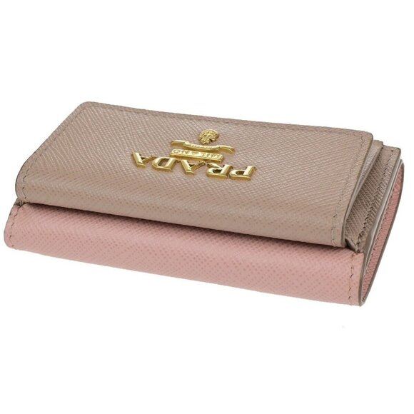 PRADA Logo Trifold Compact Wallet Saffiano Metal Leather Pink Beige 88FB246 - Picture 5 of 13